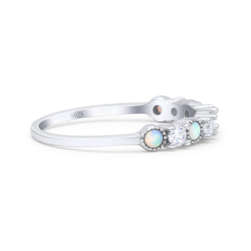 Half Eternity Ring Wedding Engagement Band Round Lab Created White Opal 925 Sterling Silver